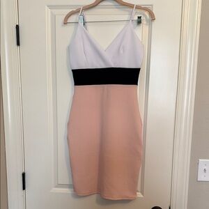 Three-Tone Spaghetti Strap Sheath Dress - Pink, White & Black